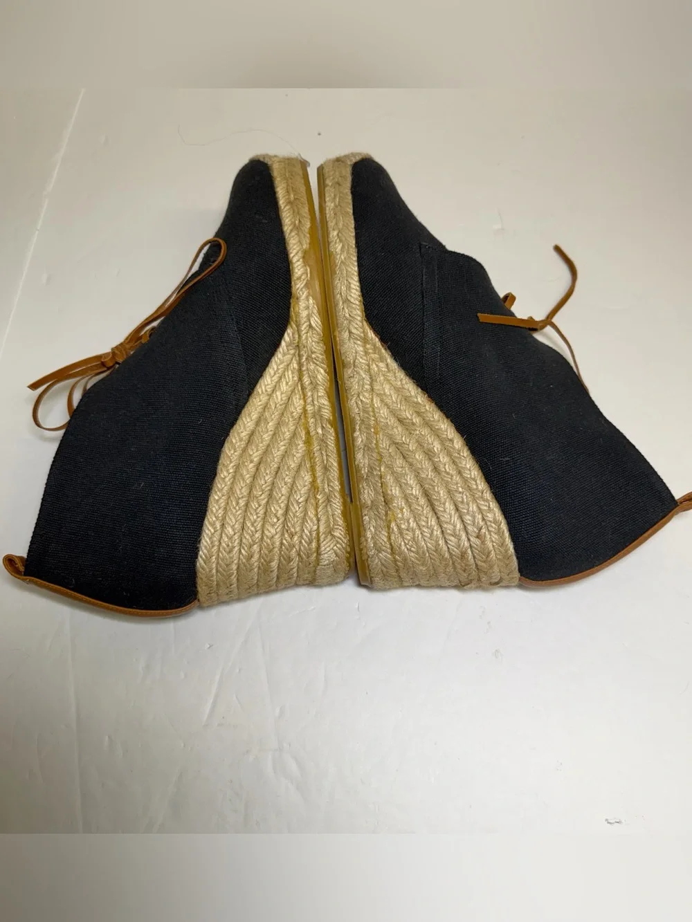Tory Burch Black Canvas Espadrille Wedges with Tan Leather Trim Size‎ 7